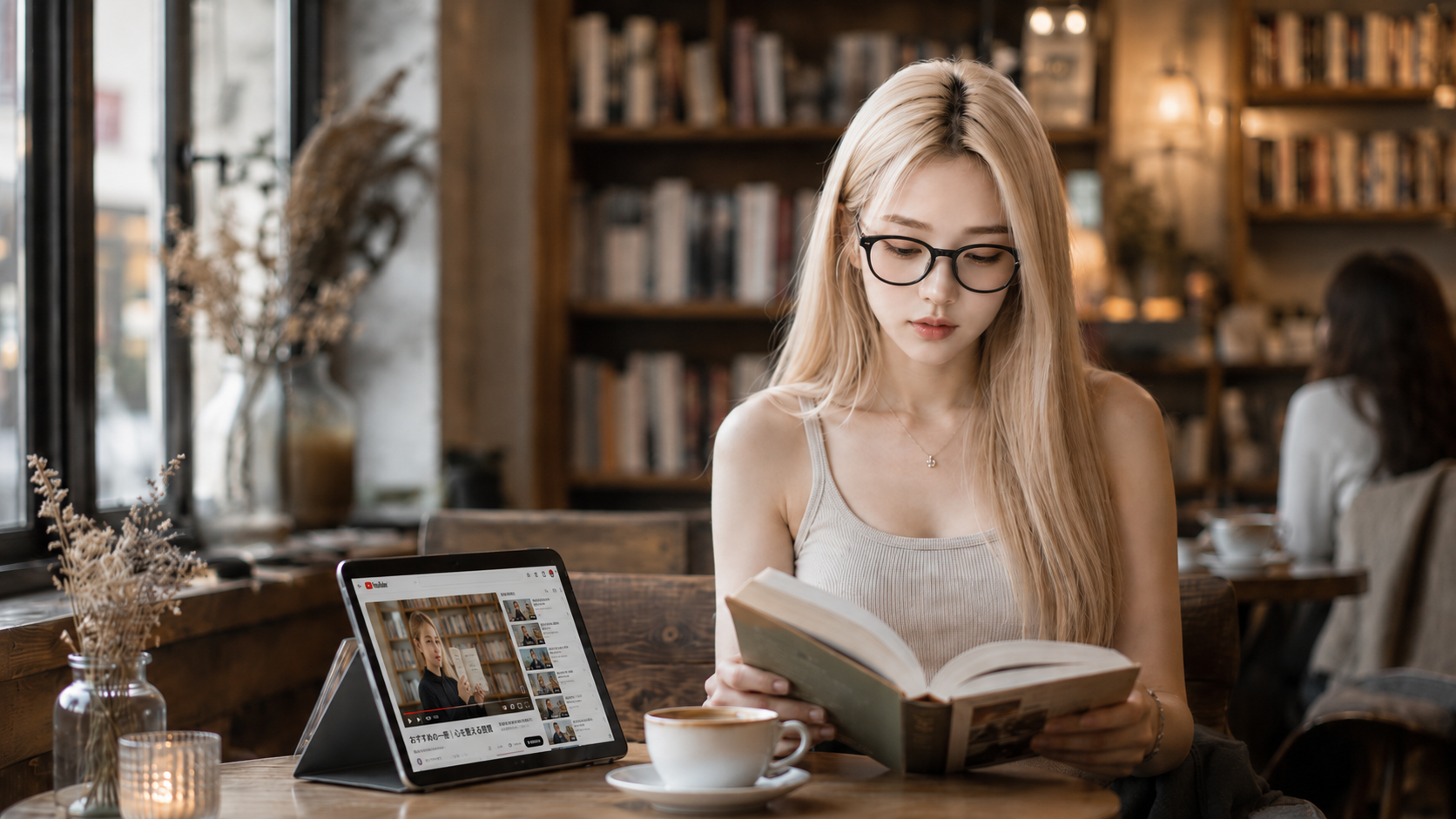 カフェでYouTubeの本紹介を見ながら読書する人